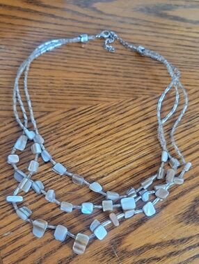 Multi-Strand Iridescent Shell Bead Necklace - Silver Tone 18"